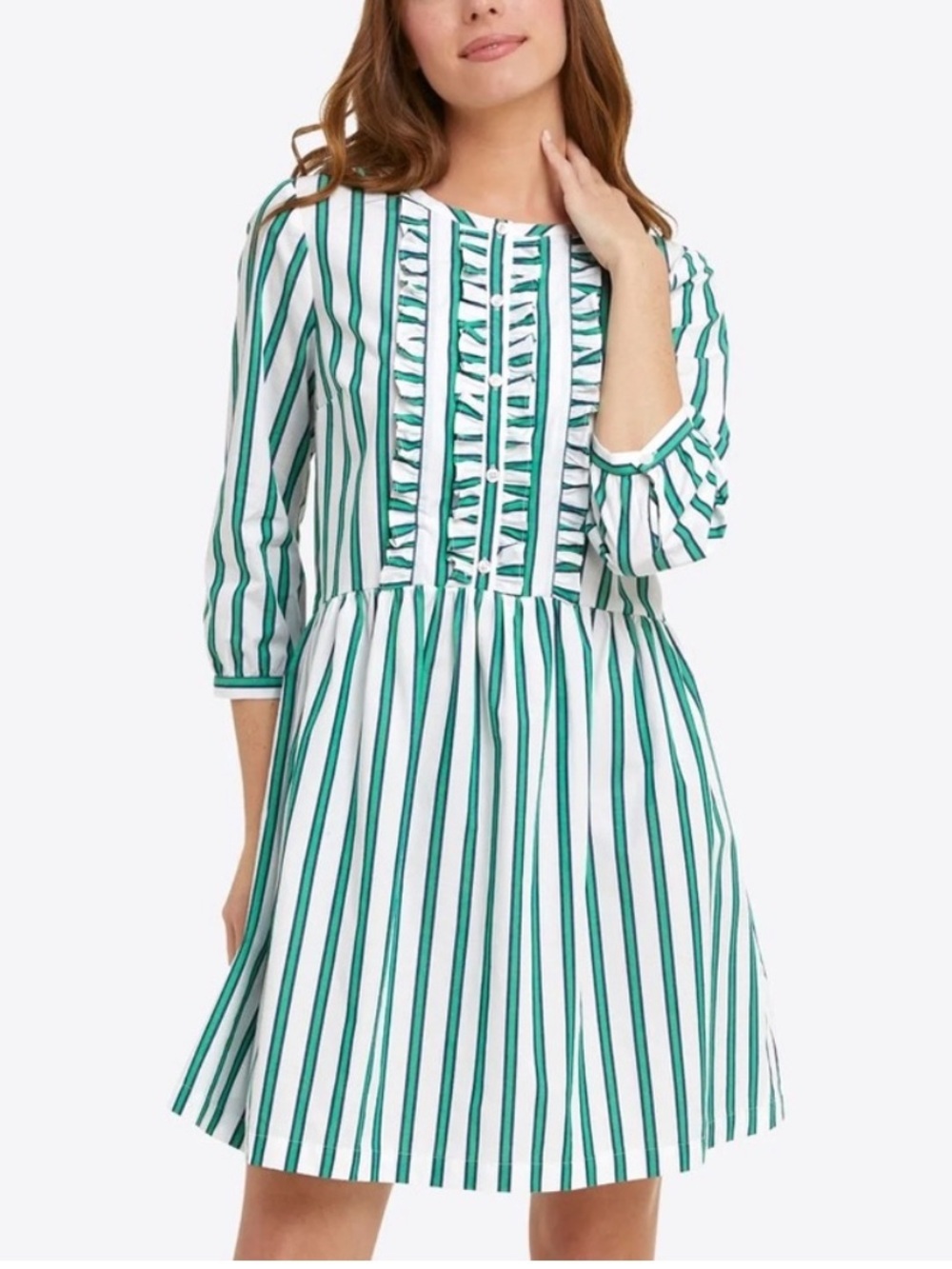 Draper James Ruffle Placket Shift Dress in Bold Green Stripe Size Medium